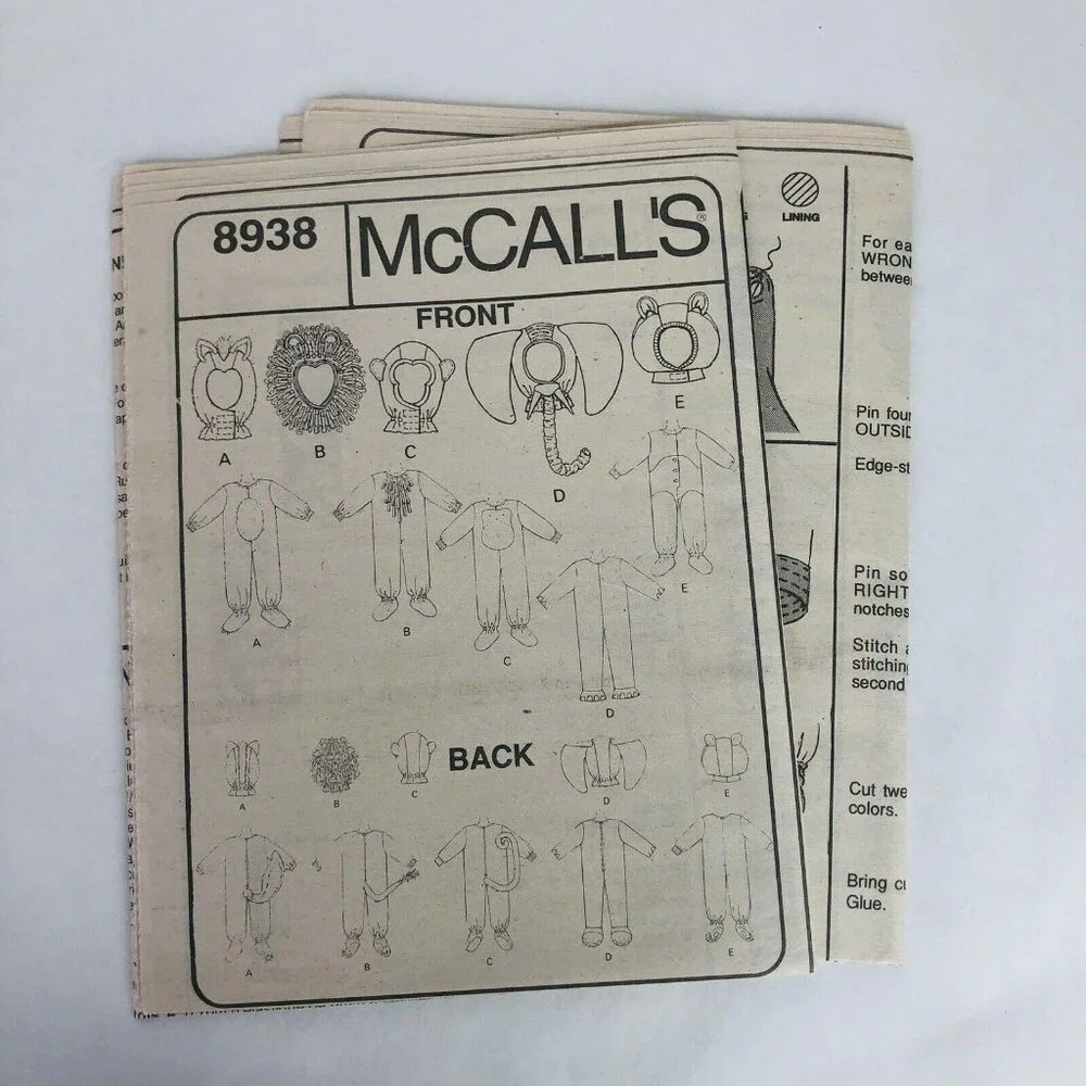 McCalls Animal Costume Sewing Pattern 8938 MP357 Size 3‎ Elephant Lion Panda